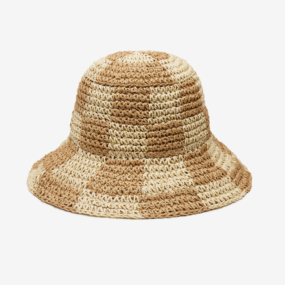 Checkered Bucket Straw Sun Beach Hat for Women Sadie in