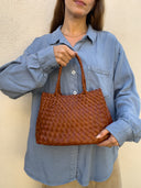 Iris Woven Leather Mini Handbag in Whiskey
