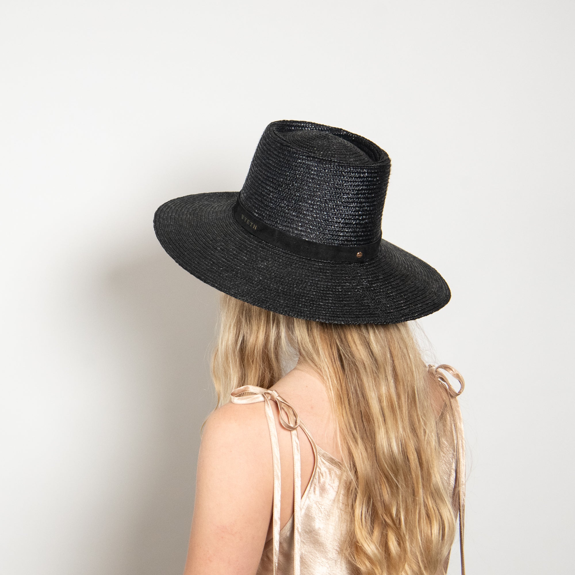 WYETH straw teardrop crown wide brim black thread stitched hat Everly in Black main image 4