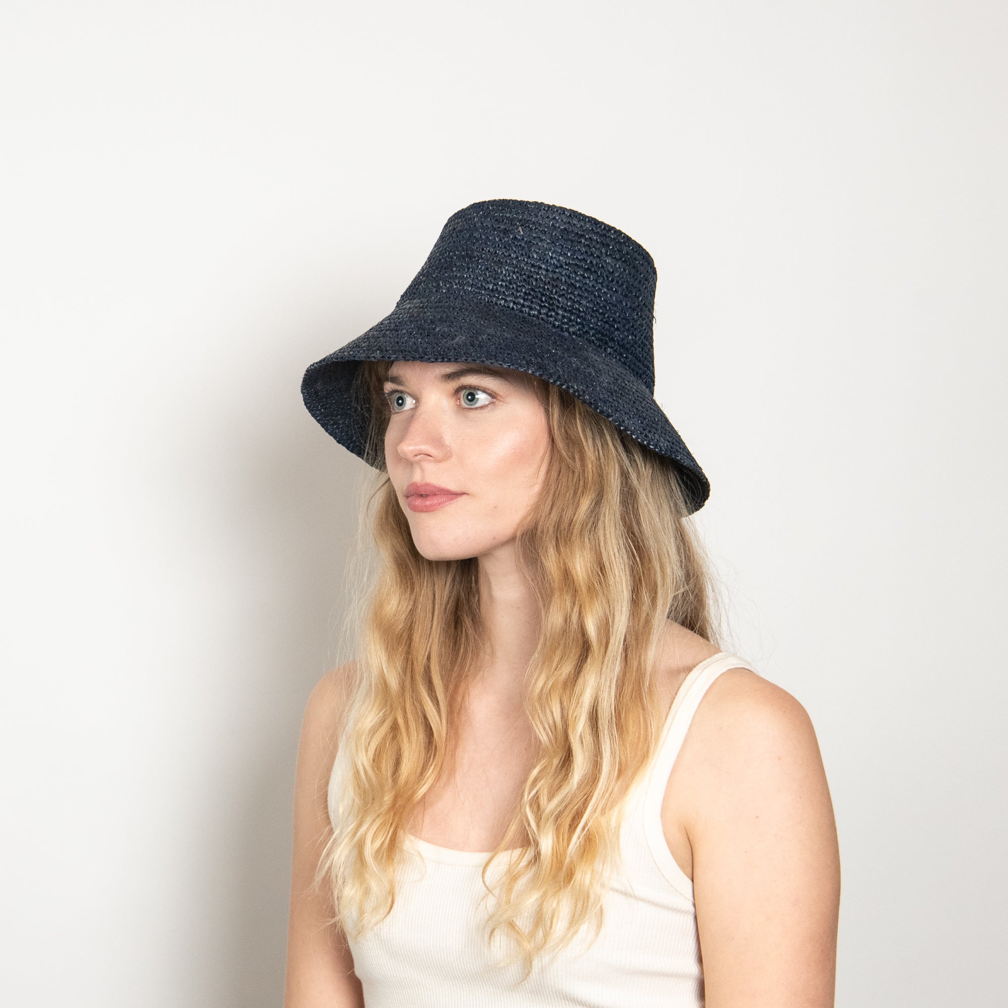 Navy Blue Straw Bucket Hat - Packable Sun/Beach Women's - Tali