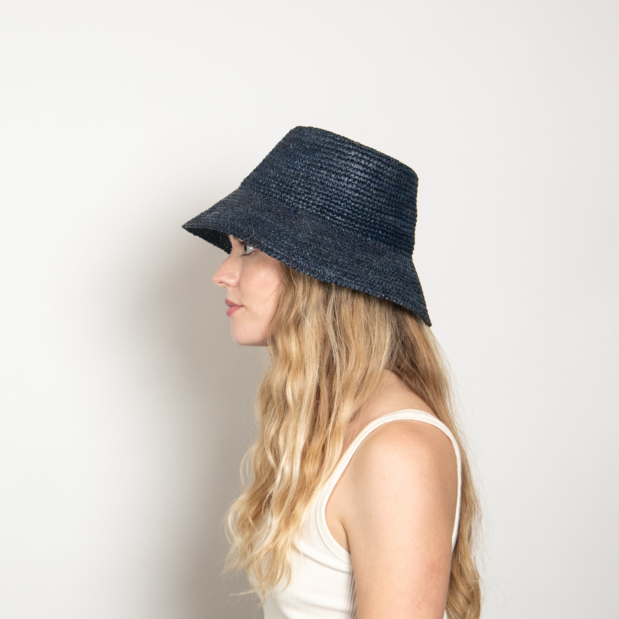 Navy Blue Straw Bucket Hat - Packable Sun/Beach Women's - Tali