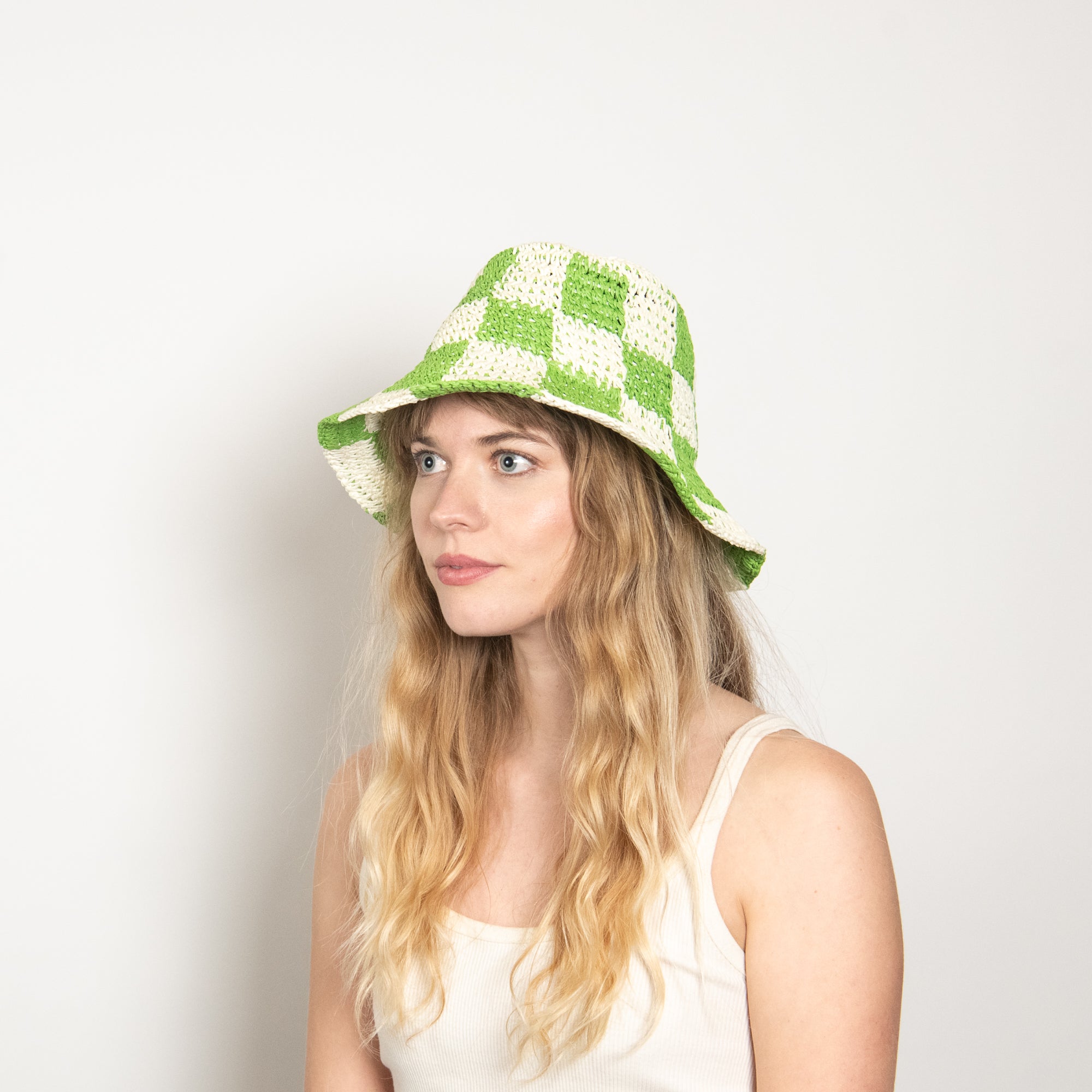 Checkered Bucket Straw Sun & Beach Hat for Women - Sadie in
