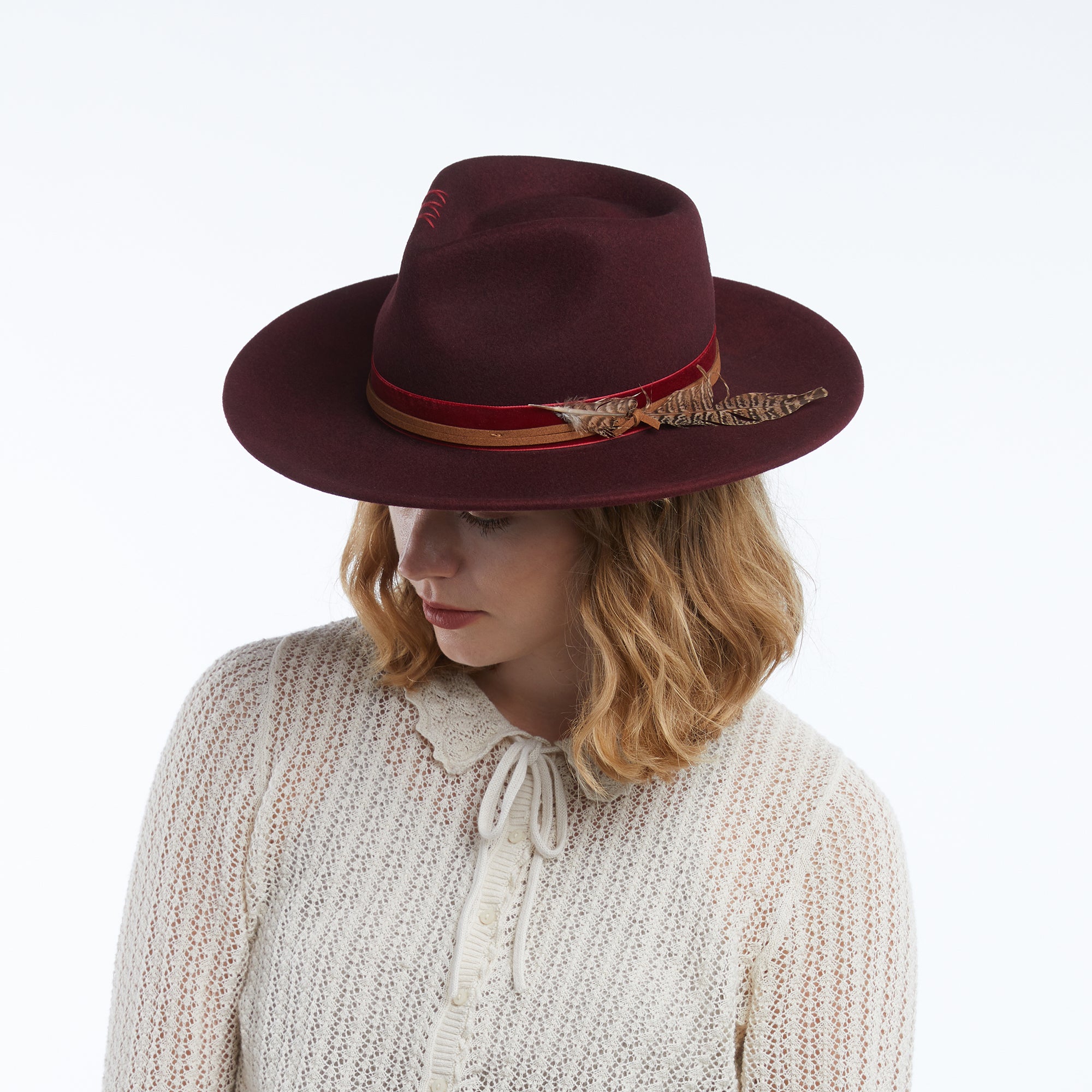 WYETH Wine Fedora Hat with White Leather Trim Accent Tan Beige Wool Felt Rancher Hat Billie in Marle main image 4