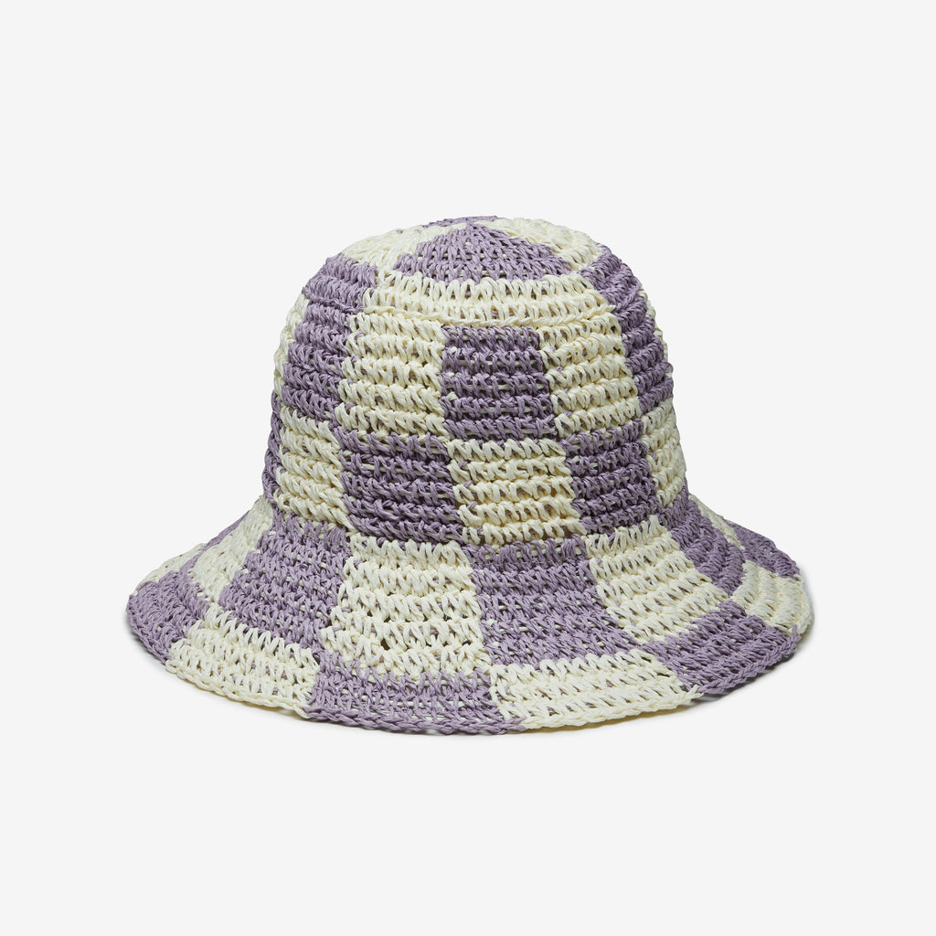 Lavender Checkered Bucket Straw Sun & Beach Hat for Women  display picture 1