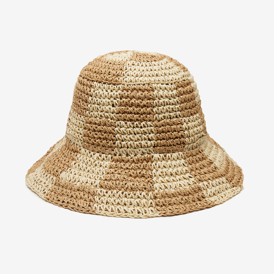 Checkered Bucket Straw Sun & Beach Hat for Women - Sadie in