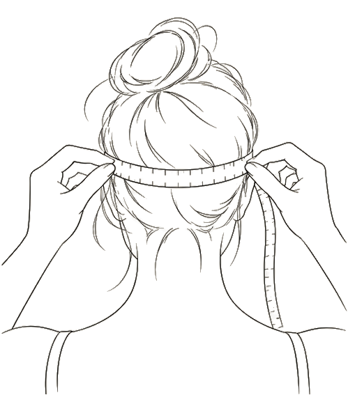 Two hands holding a tape measure around the back of a head, level just above the ears